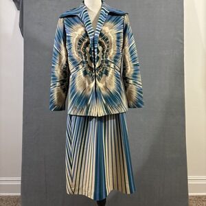 Vintage Skirt Jacket‎ Matching Set Blue Tan Teal Abstract Tie Dye Pattern
